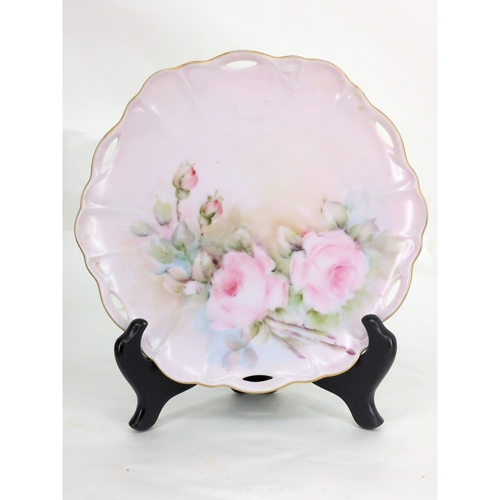 Hand Painted Porcelain Plate Pink Rose Signed 1964 Reticulated Edge Gold Trim 9"